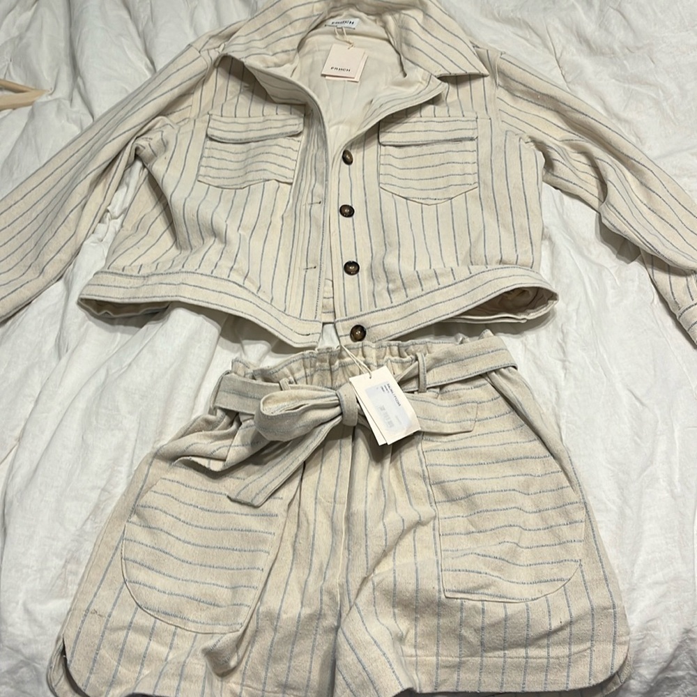 FRNCH crème/blue striped linen set, Size L, NWT, never worn